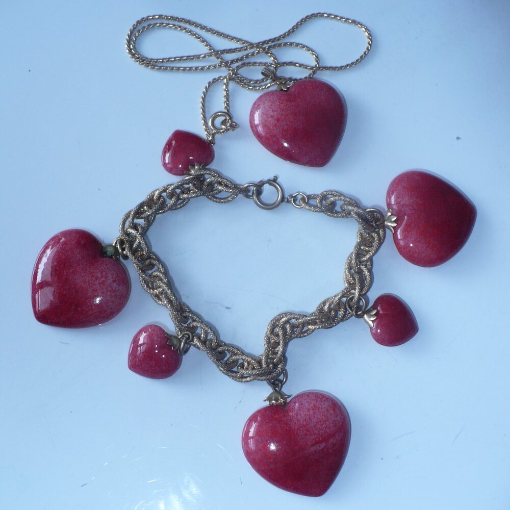 Vintage Red Glass Heart Charm Bracelet and Pendant Necklace gold  plated Set